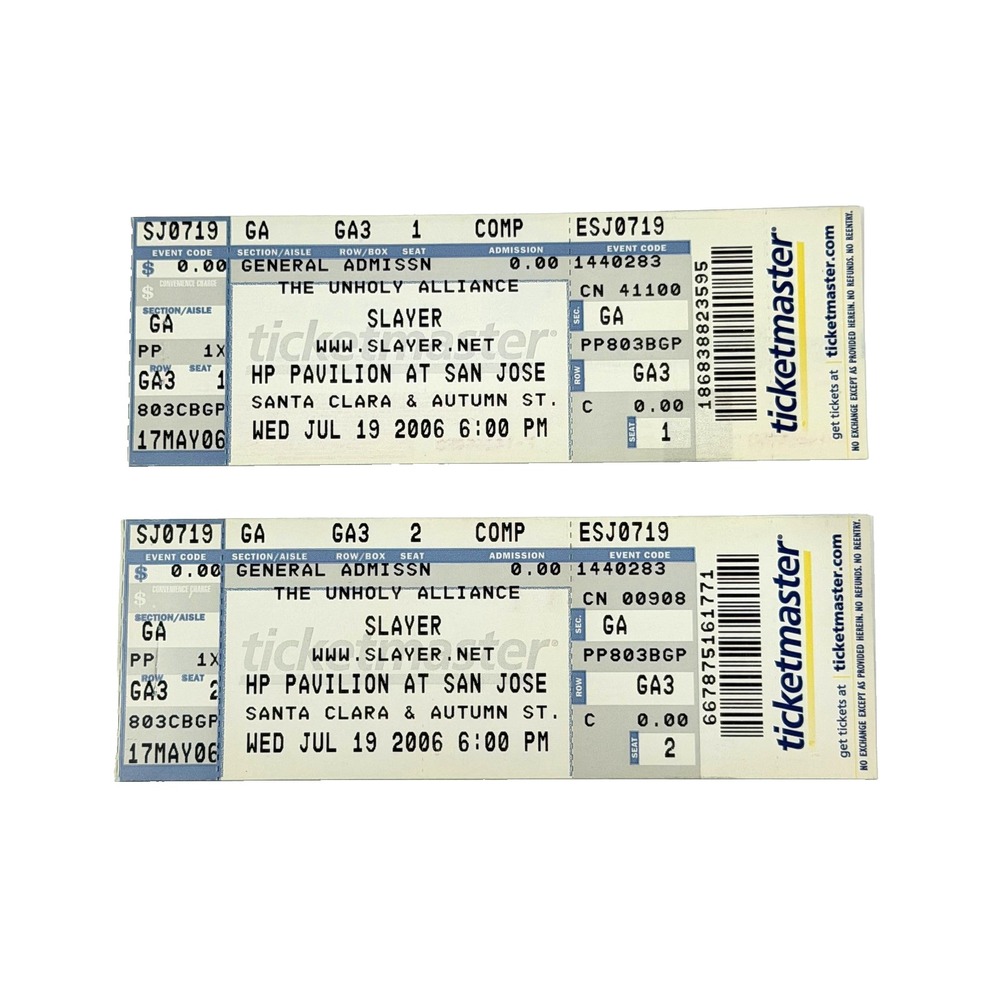 Slayer Unholy Alliance 2006 Unused Concert Tickets Pair San Jose Lamb Of God